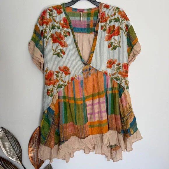 Free People Mixed Print Patchwork Tunic Dress Floral Plaid Boho S V Neck - Picture 2 of 10